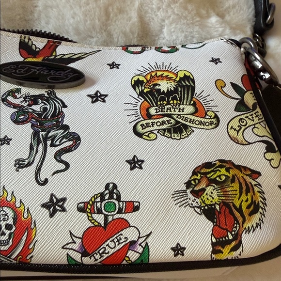 ED HARDY Tattoo Satchel And Shoulder Bag White NWT Love Kills Slowly ☠️🌹🦅🐅 - Picture 3 of 10
